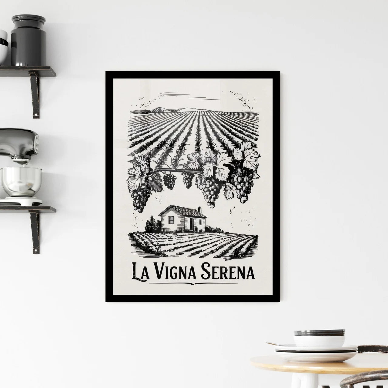 Charming Vineyard Landscape with Grapevines and Rustic House Illustration for Wine Branding. Framed Print