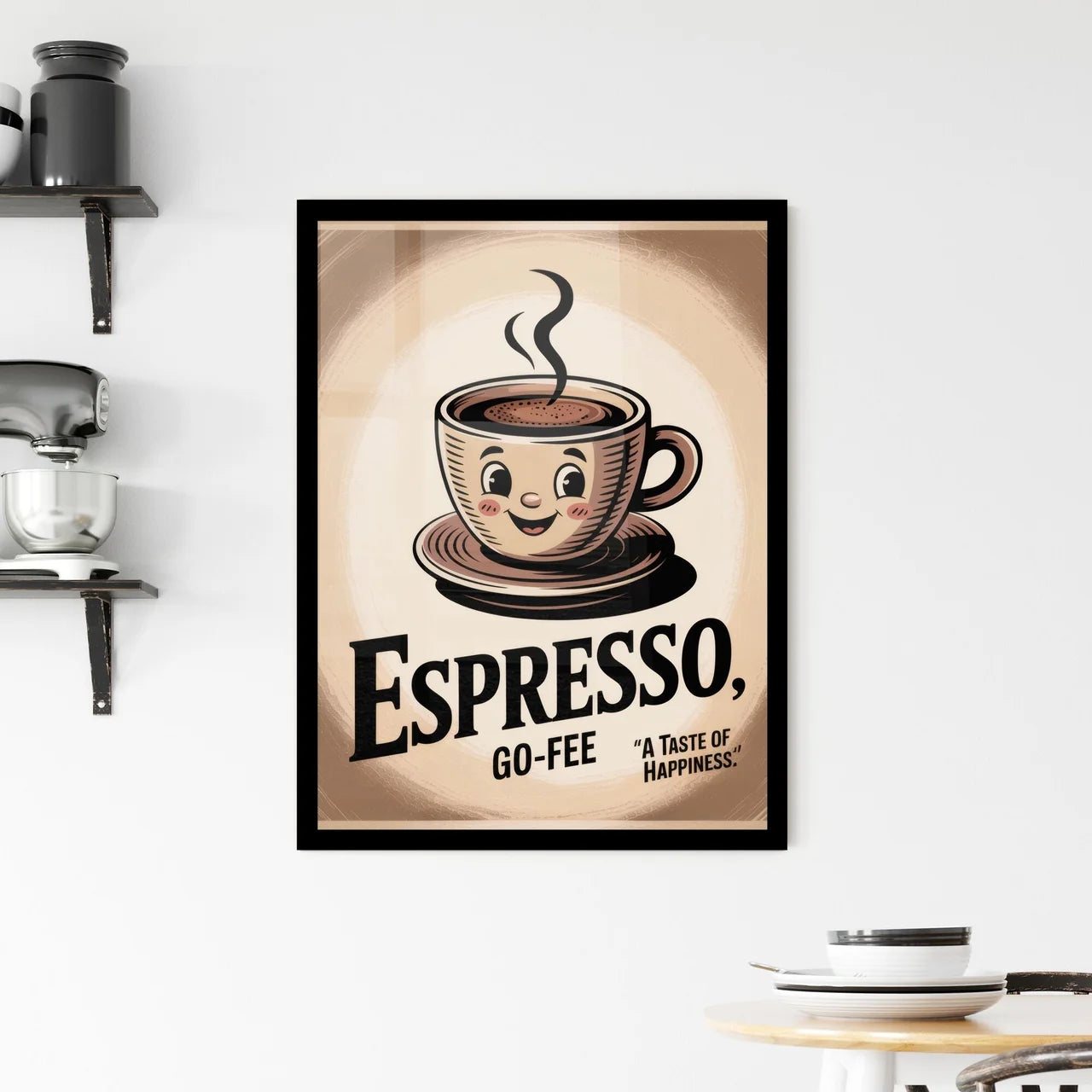 Cheerful Espresso Mug Illustration with Playful Smile, Capturing the Joy of Coffee Moments. Framed Print