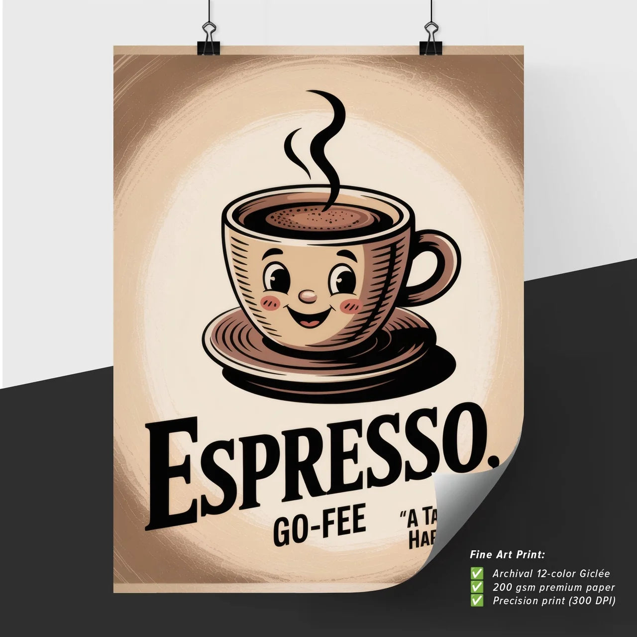 Cheerful Espresso Mug Illustration with Playful Smile, Capturing the Joy of Coffee Moments.