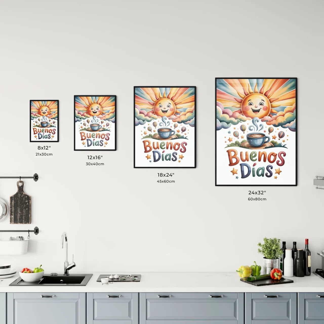 Cheerful Morning Scene with Sunrise, Coffee, and Colorful Hot Air Balloons Saying 'Buenos Días'. Chart