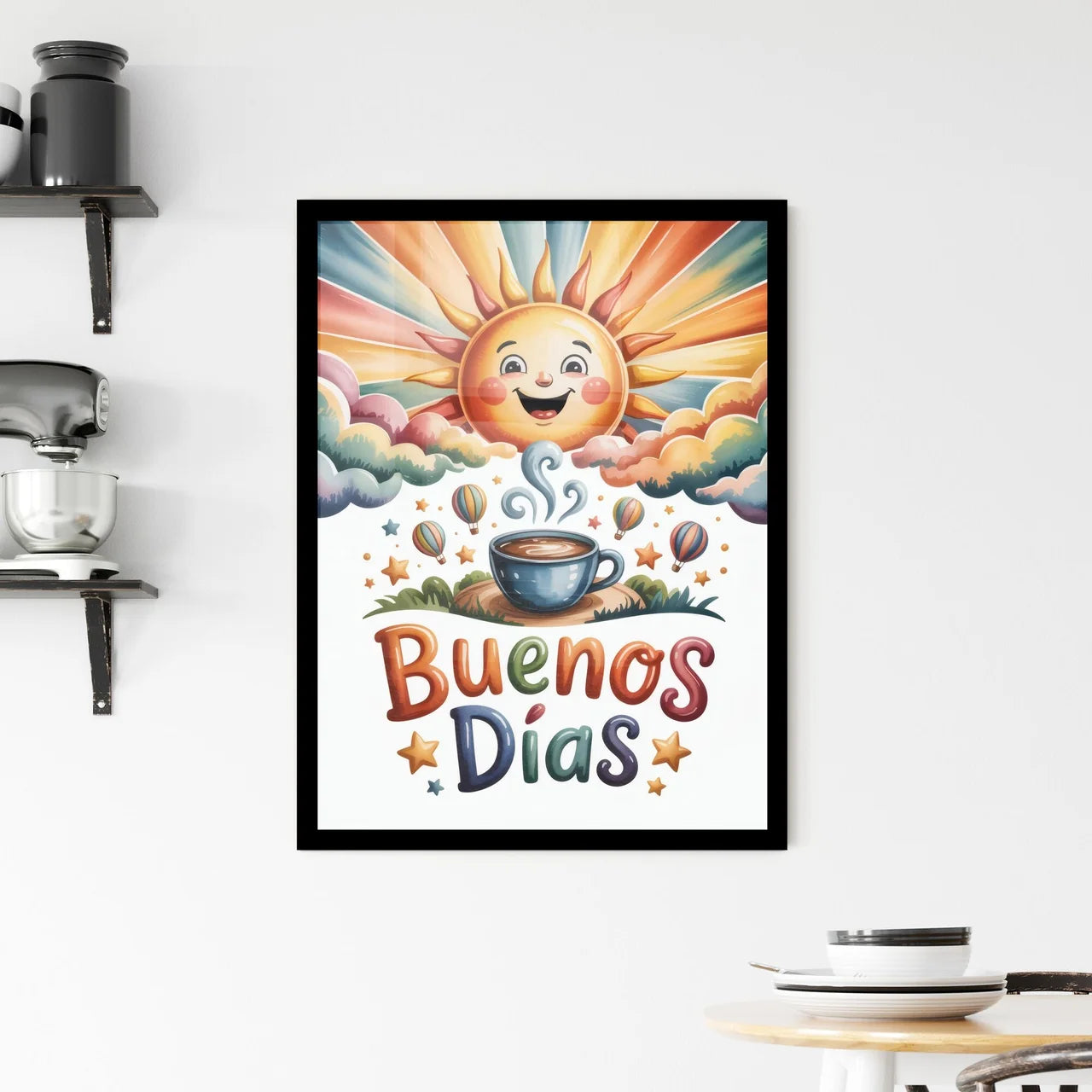 Cheerful Morning Scene with Sunrise, Coffee, and Colorful Hot Air Balloons Saying 'Buenos Días'. Framed Print