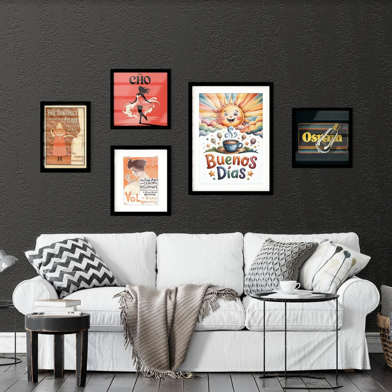 Cheerful Morning Scene with Sunrise, Coffee, and Colorful Hot Air Balloons Saying 'Buenos Días'. Collection