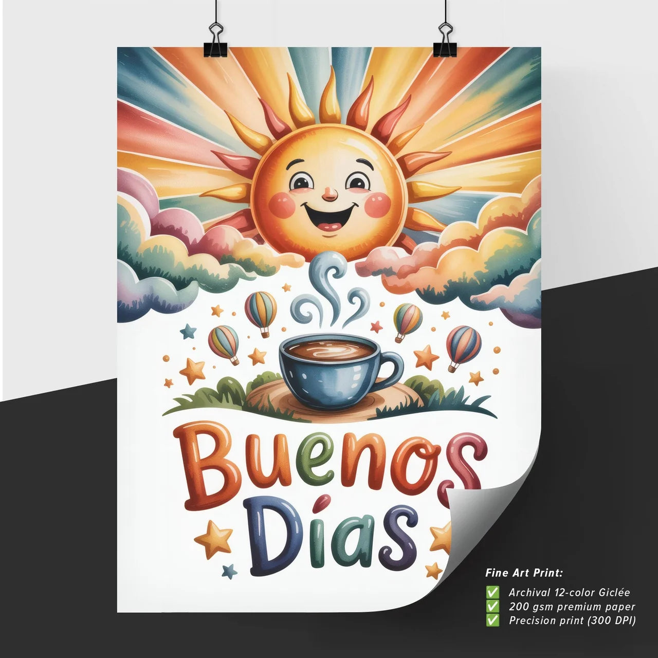 Cheerful Morning Scene with Sunrise, Coffee, and Colorful Hot Air Balloons Saying 'Buenos Días'.