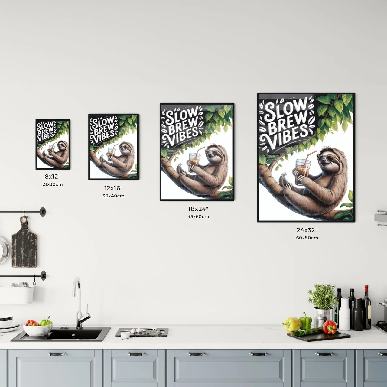 Chill Sloth Enjoying Iced Coffee in Tropical Setting with Fun Typography for Relaxed Vibes Chart