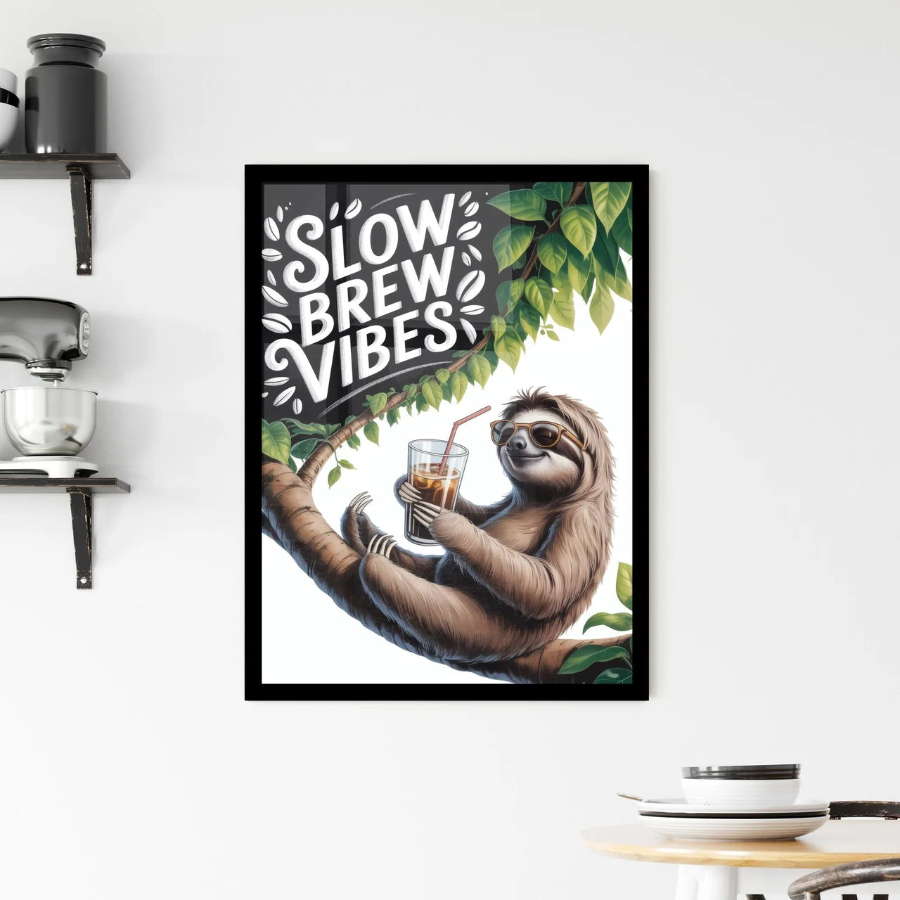 Chill Sloth Enjoying Iced Coffee in Tropical Setting with Fun Typography for Relaxed Vibes Framed Print