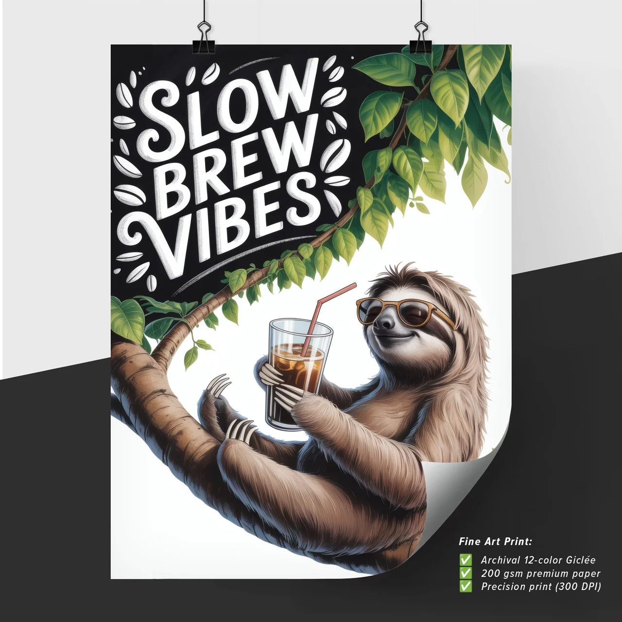 Chill Sloth Enjoying Iced Coffee in Tropical Setting with Fun Typography for Relaxed Vibes