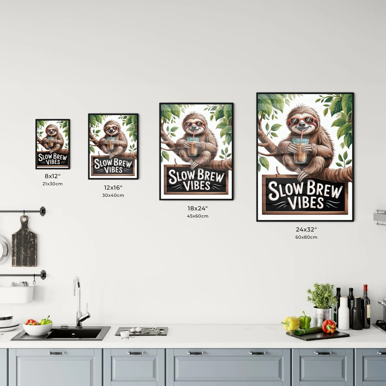 Chill Sloth Enjoying Refreshing Beverage in Tropical Setting with Playful 'Slow Brew Vibes' Sign. Chart