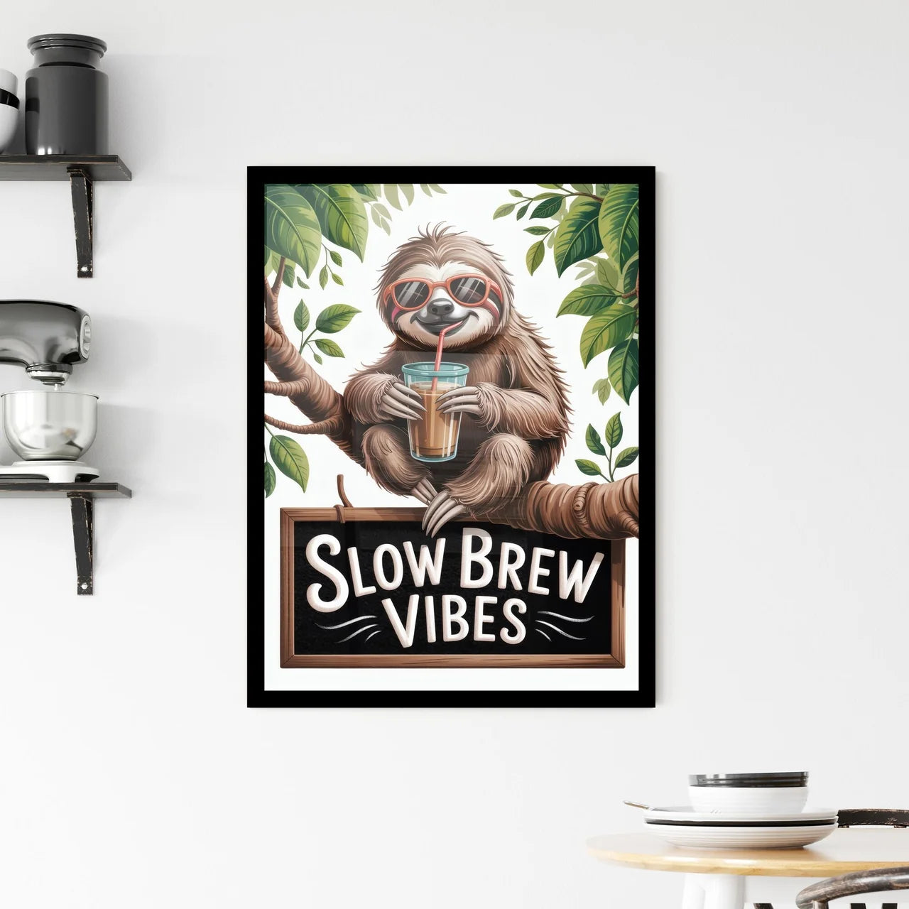 Chill Sloth Enjoying Refreshing Beverage in Tropical Setting with Playful 'Slow Brew Vibes' Sign. Framed Print