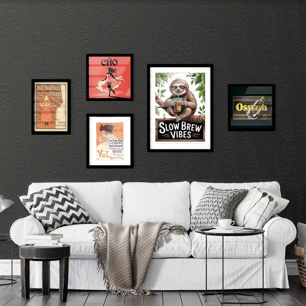 Chill Sloth Enjoying Refreshing Beverage in Tropical Setting with Playful 'Slow Brew Vibes' Sign. Collection