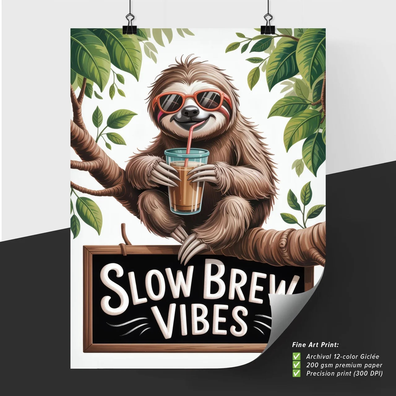Chill Sloth Enjoying Refreshing Beverage in Tropical Setting with Playful 'Slow Brew Vibes' Sign.