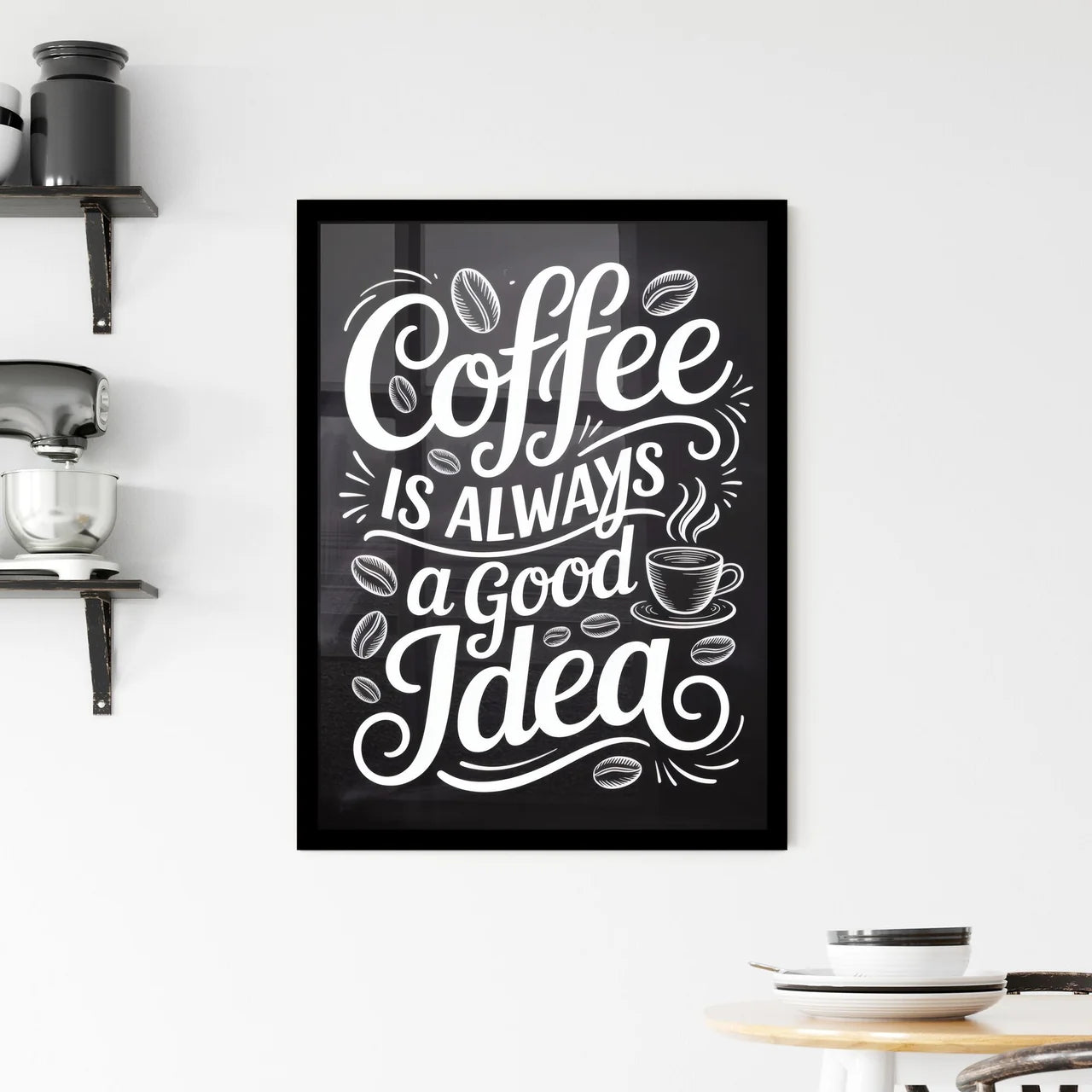 Coffee Quotes Art: Celebrating the Beloved Brew with Playful Typography and Illustrations. Framed Print