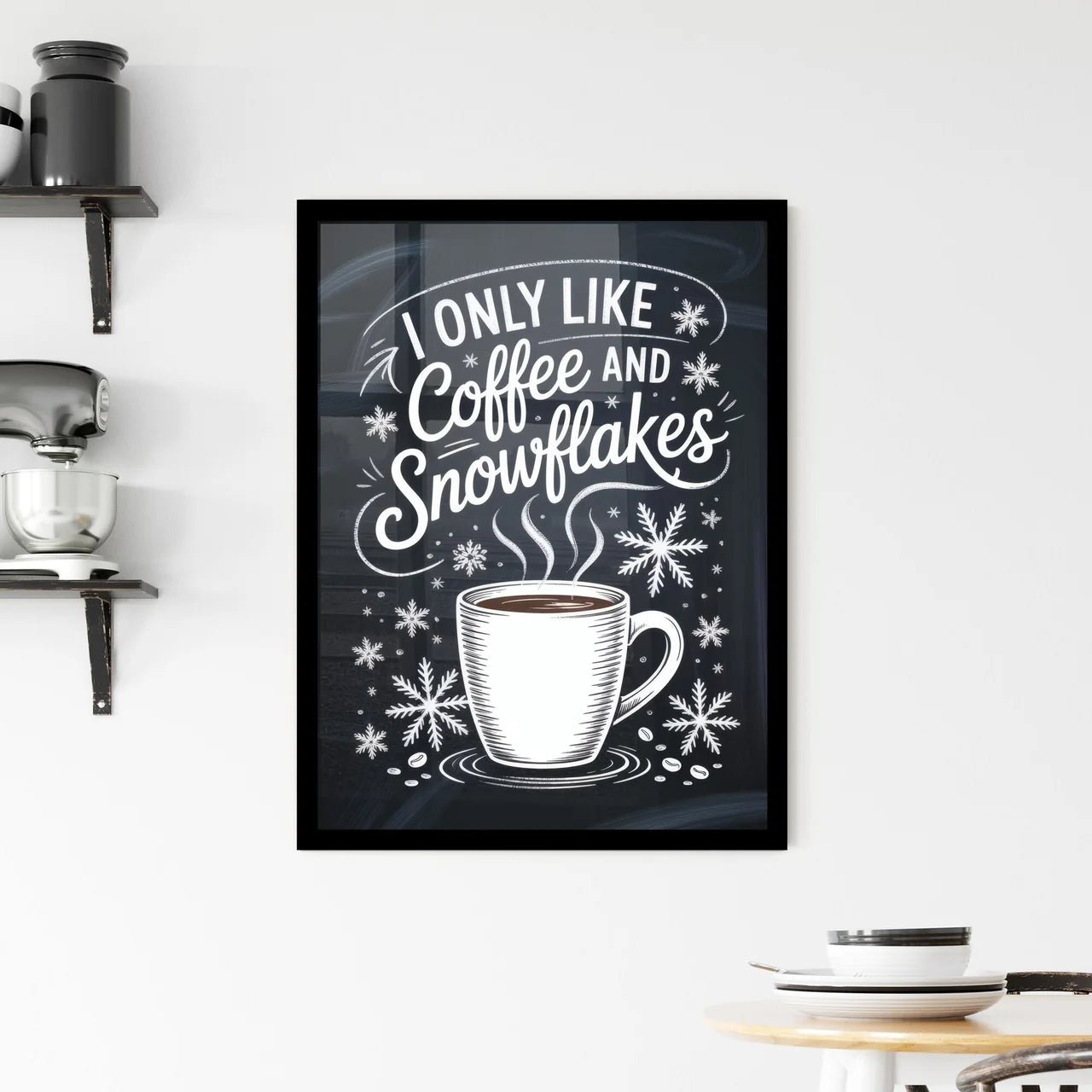 Cozy Coffee and Snowflakes Illustration for Winter-Themed Decor or Merchandise. Framed Print