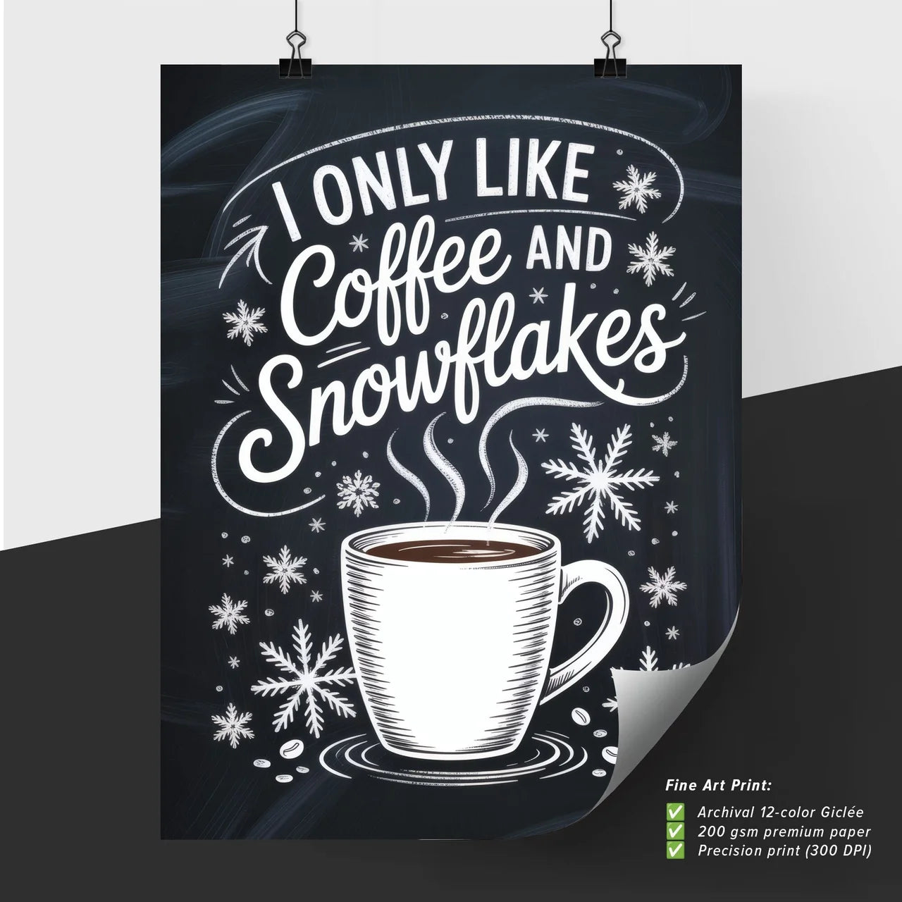 Cozy Coffee and Snowflakes Illustration for Winter-Themed Decor or Merchandise.