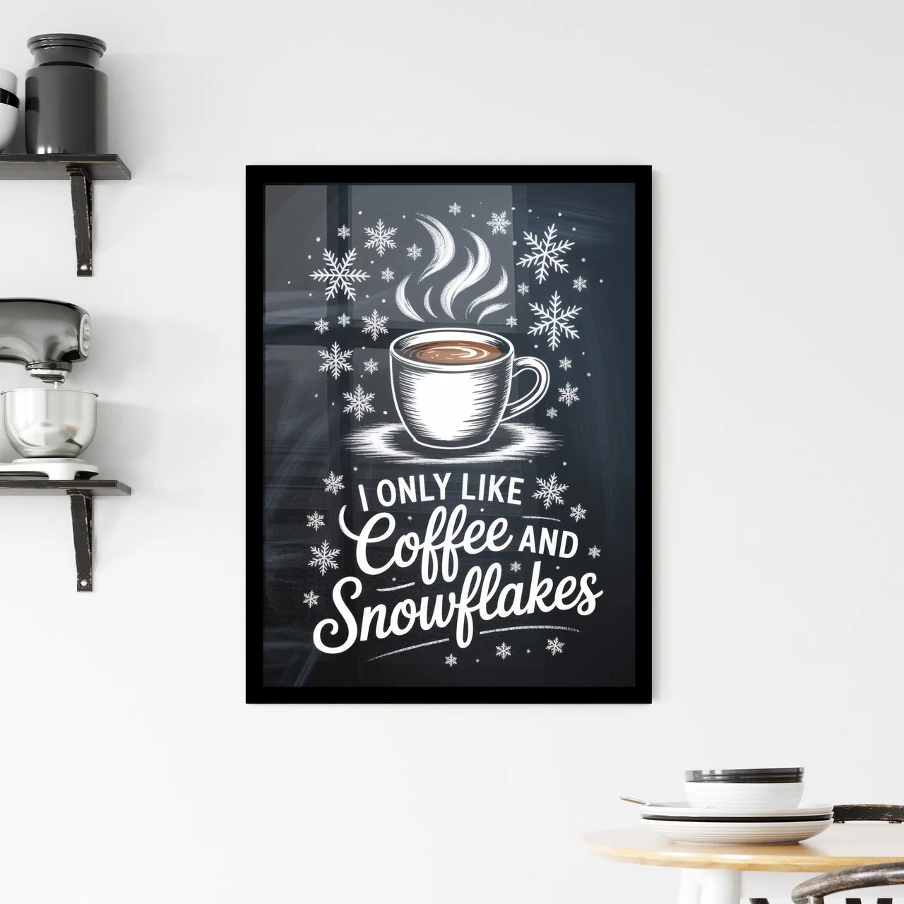 Cozy Winter Vibes: Celebrating Coffee and Snowflakes in a Whimsical Design Framed Print