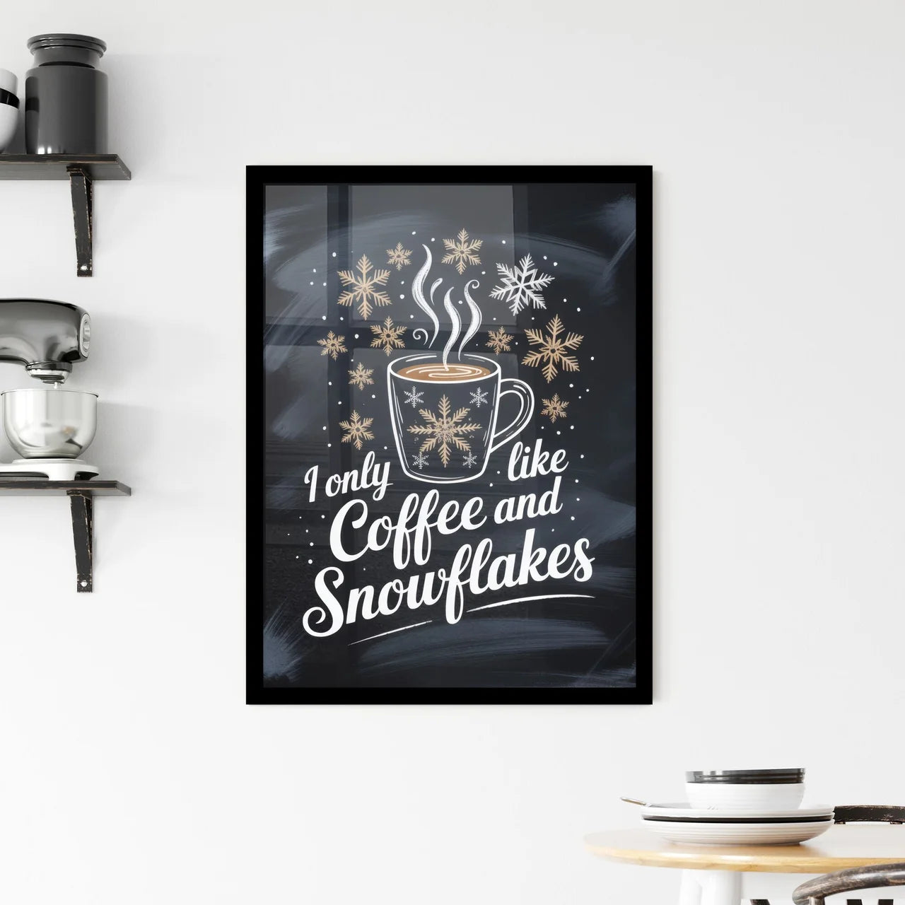 Cozy Winter Vibes: Embrace the Warmth of Coffee and Snowflakes Framed Print