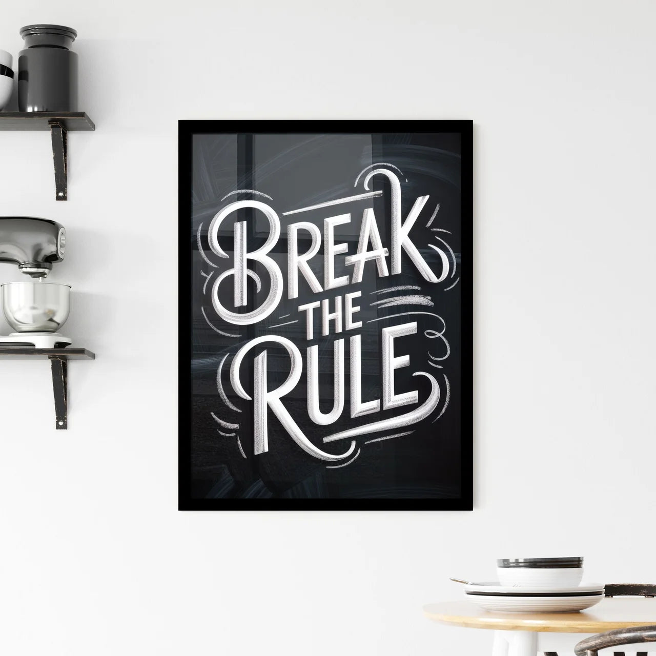 Creative Typography Design: Inspirational Quote 'Break the Rule' Against a Stylish Dark Background Framed Print