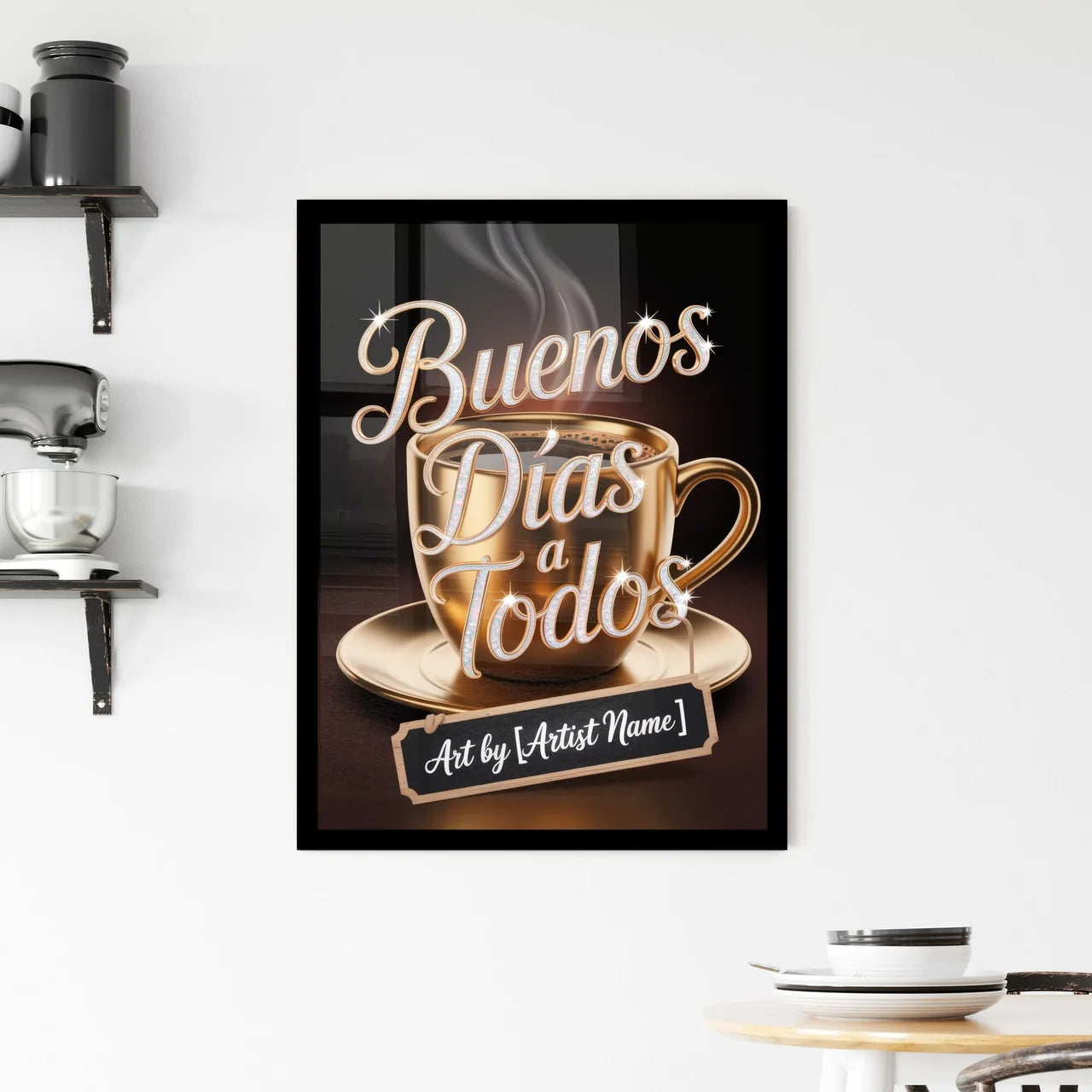 Elegant Golden Coffee Cup Design with Sparkling 'Buenos Días a Todos' Greeting for Morning Inspiration Framed Print