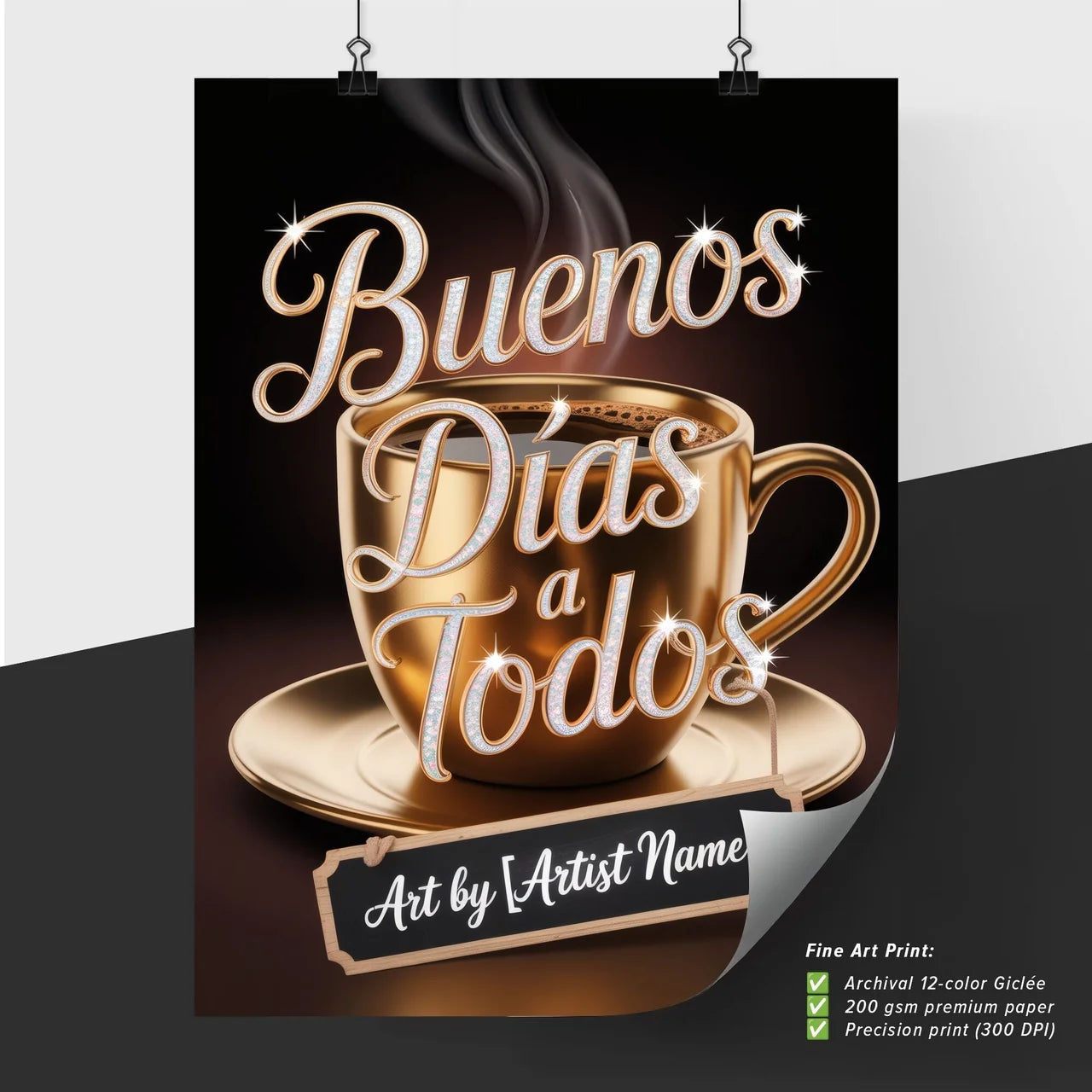 Elegant Golden Coffee Cup Design with Sparkling 'Buenos Días a Todos' Greeting for Morning Inspiration
