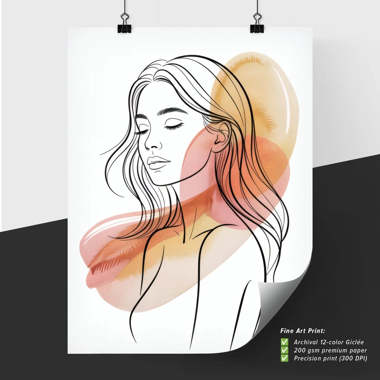 Elegant Line Art Portrait of a Serene Woman with Soft Watercolor Background