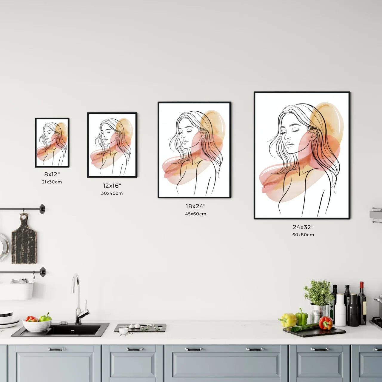 Elegant Line Art Portrait of a Serene Woman with Soft Watercolor Background Chart