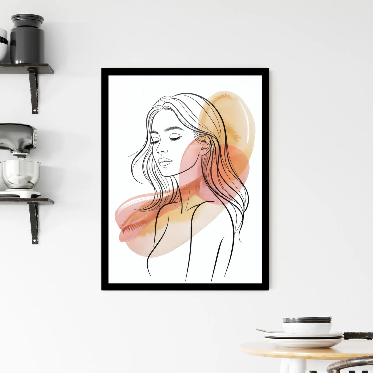 Elegant Line Art Portrait of a Serene Woman with Soft Watercolor Background Framed Print