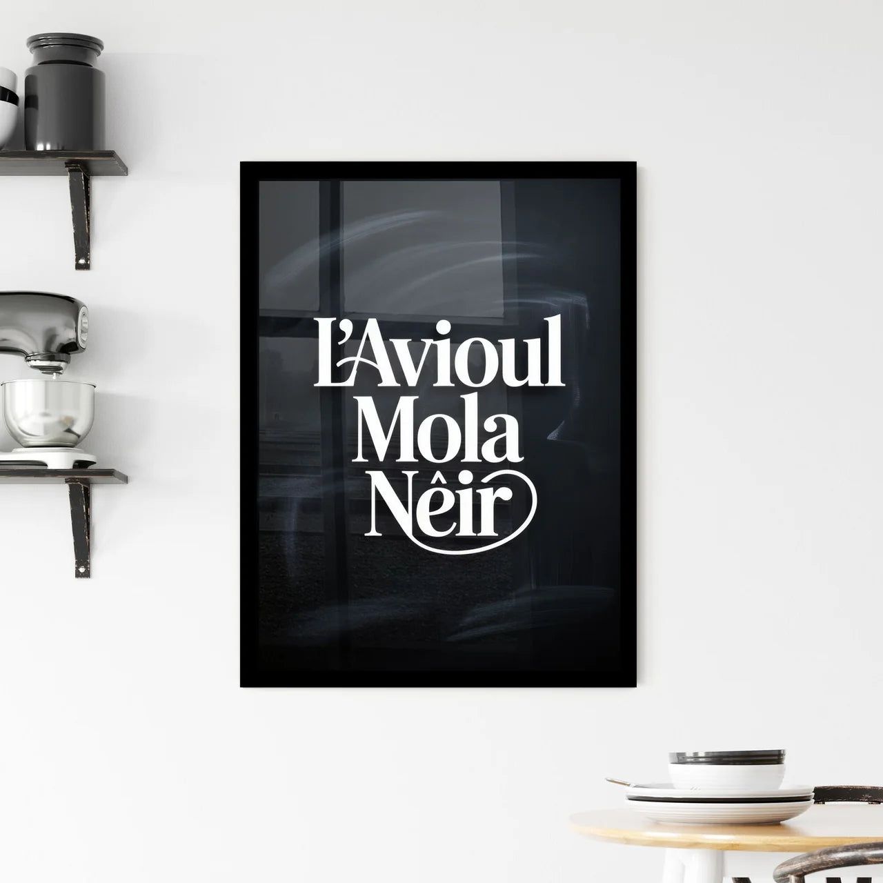 Elegant Typography on Chalkboard Background: L'Avioul Mola Nêir Design Concept for Creative Projects. Framed Print