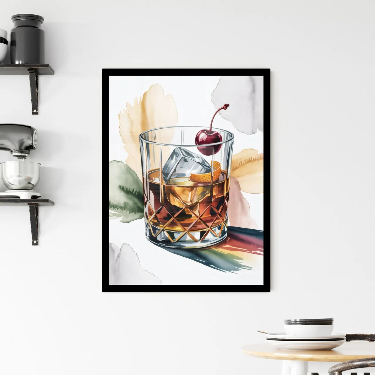 Elegant Glass of Whiskey with Cherry and Citrus Garnish on Artistic Background Framed Print