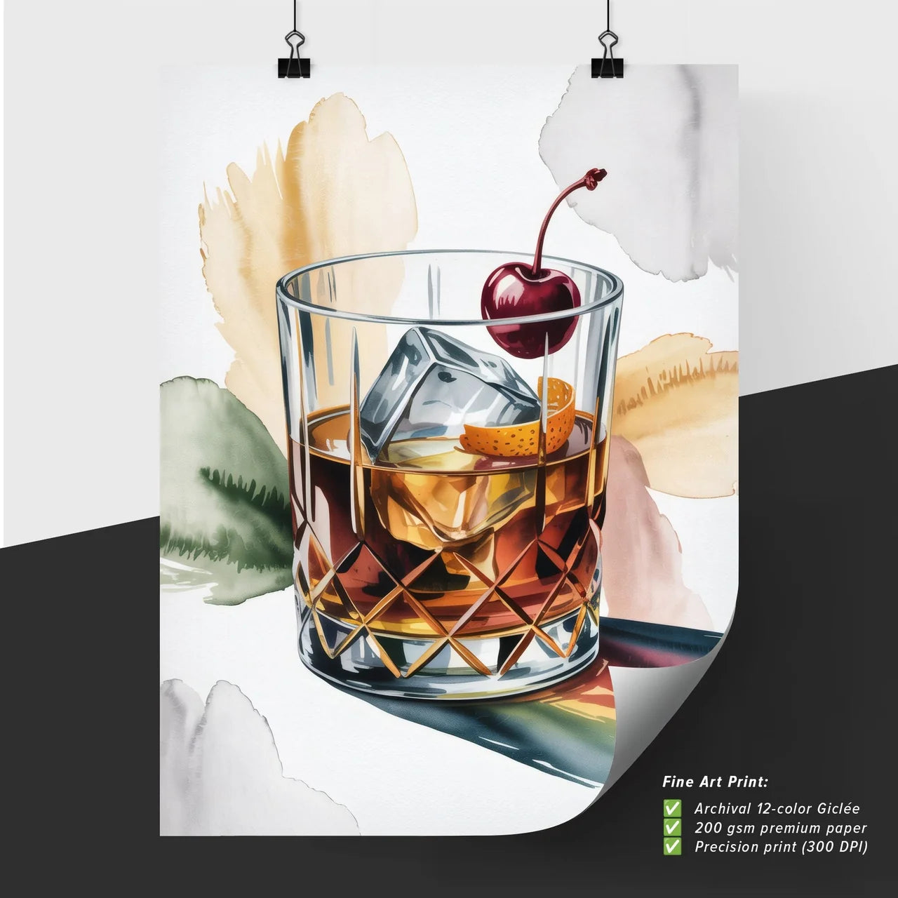 Elegant Glass of Whiskey with Cherry and Citrus Garnish on Artistic Background
