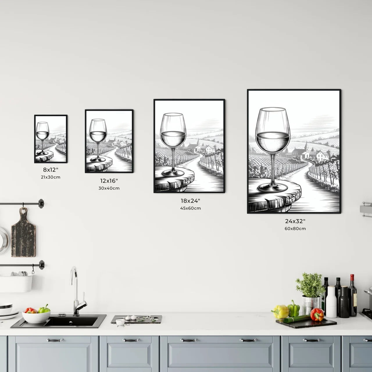 Elegant Glass of Wine Overlooking a Serene Vineyard Landscape at Sunset. Chart