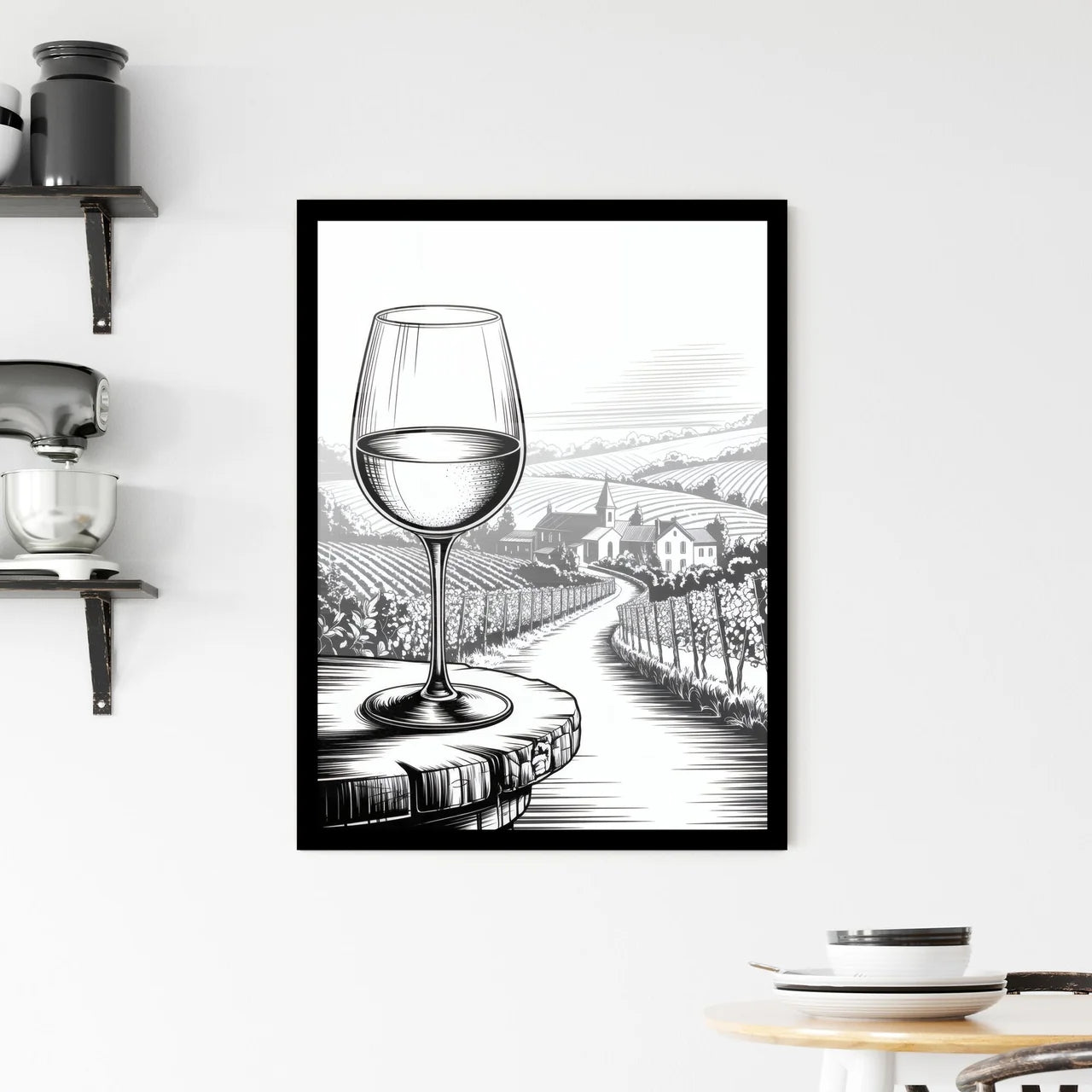 Elegant Glass of Wine Overlooking a Serene Vineyard Landscape at Sunset. Framed Print