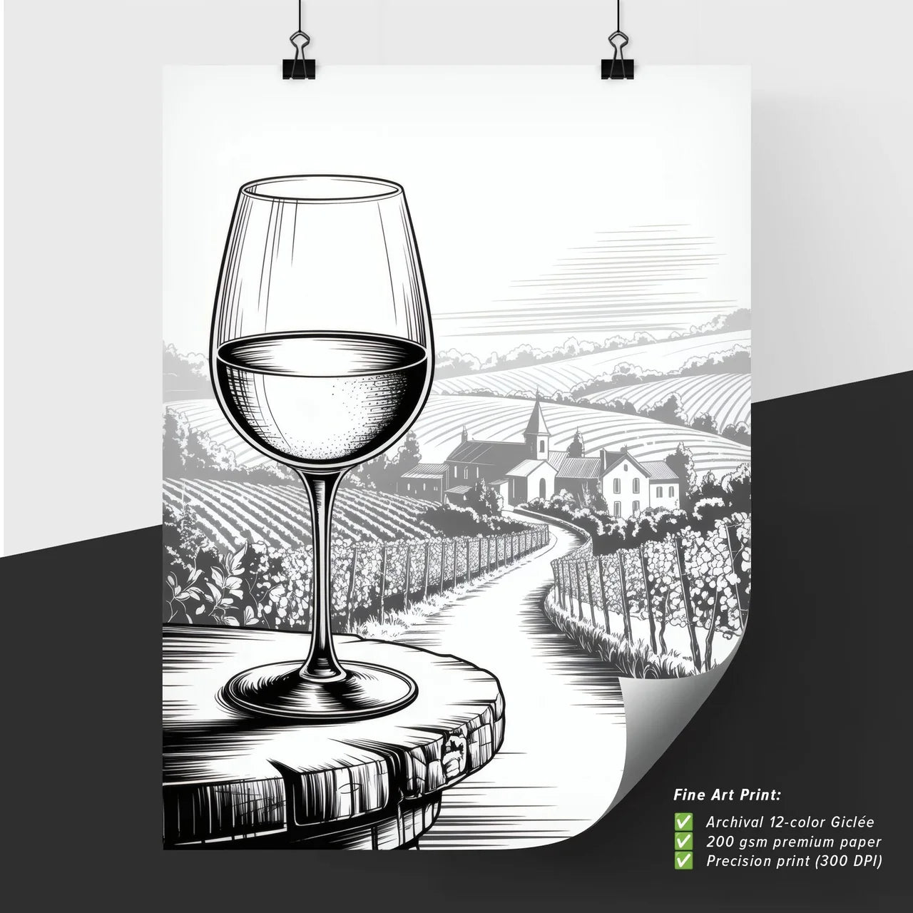 Elegant Glass of Wine Overlooking a Serene Vineyard Landscape at Sunset.