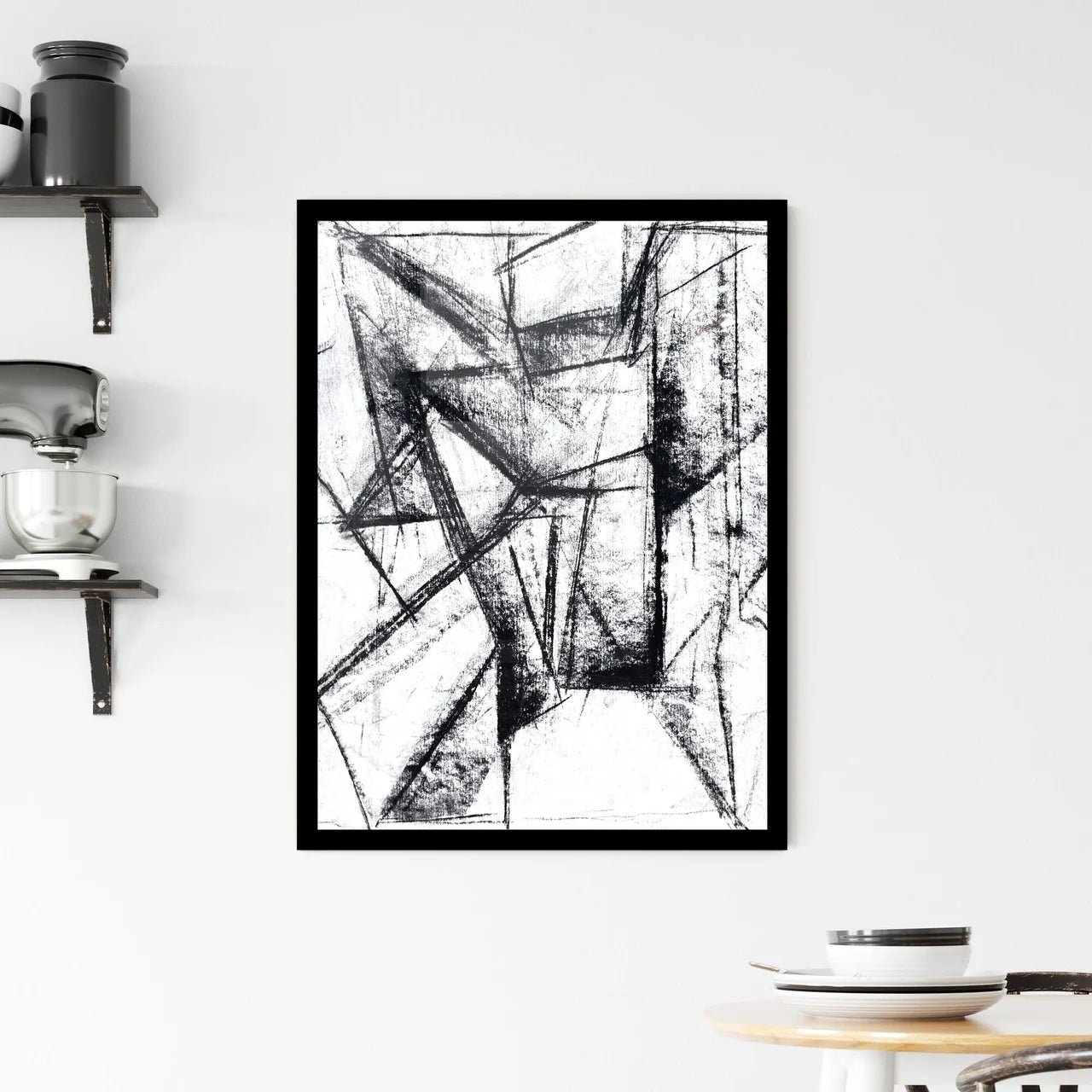 Fragmented Echoes: The Dance of Lines and Shadows Framed Print