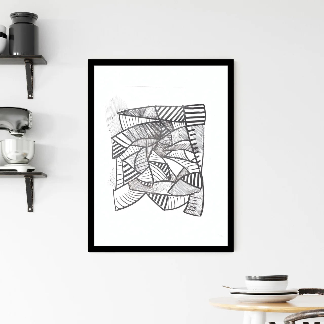 Fragmented Patterns: A Symphony of Lines and Shadows Framed Print