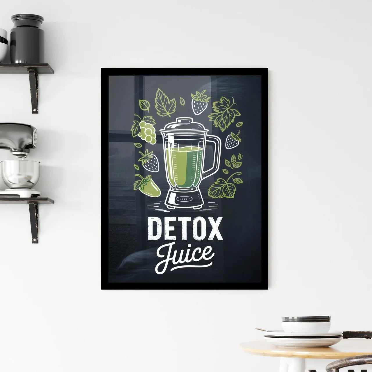 Fresh and Vibrant Detox Juice Blend with Fruits and Greens in a Stylish Blender Illustration. Framed Print