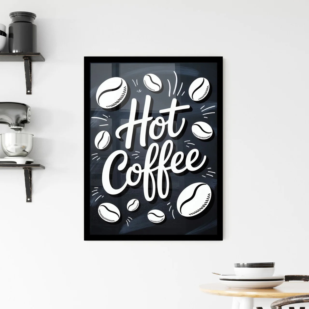 Freshly Brewed Hot Coffee with Coffee Beans in a Stylish, Artistic Design on a Chalkboard Background. Framed Print