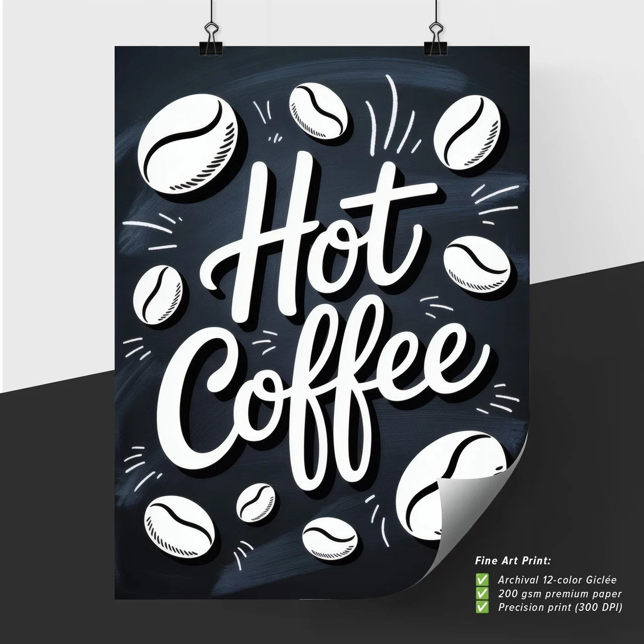 Freshly Brewed Hot Coffee with Coffee Beans in a Stylish, Artistic Design on a Chalkboard Background.