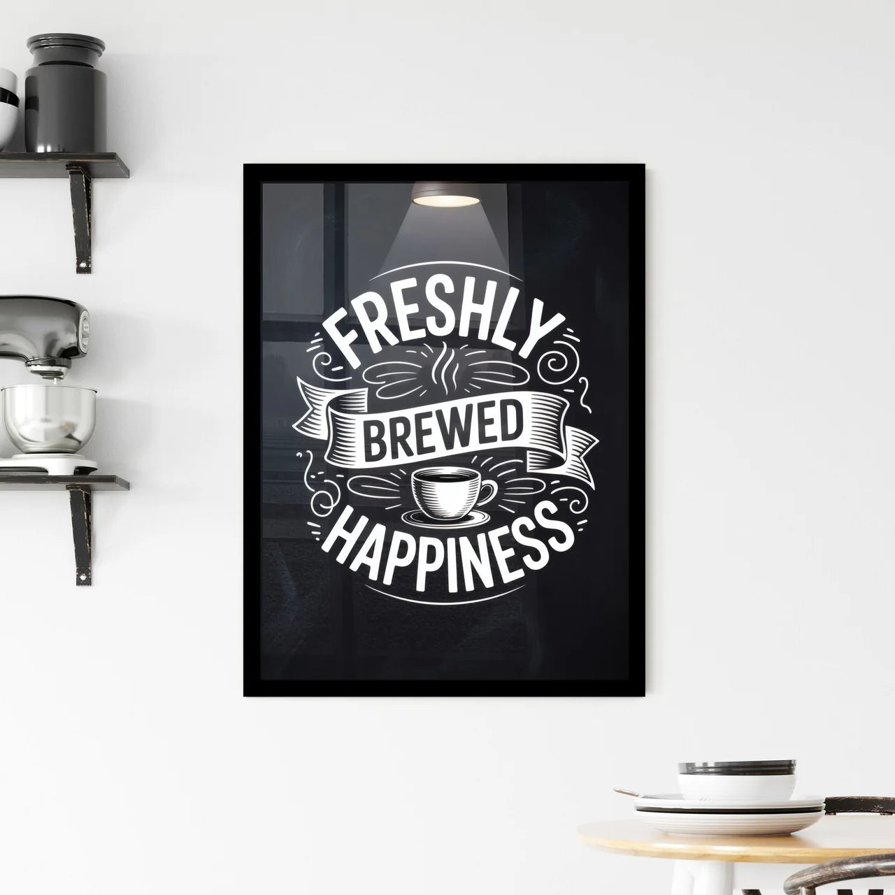 Freshly Brewed Happiness: A Playful Typography Design Celebrating Coffee Culture and Joyful Moments. Framed Print
