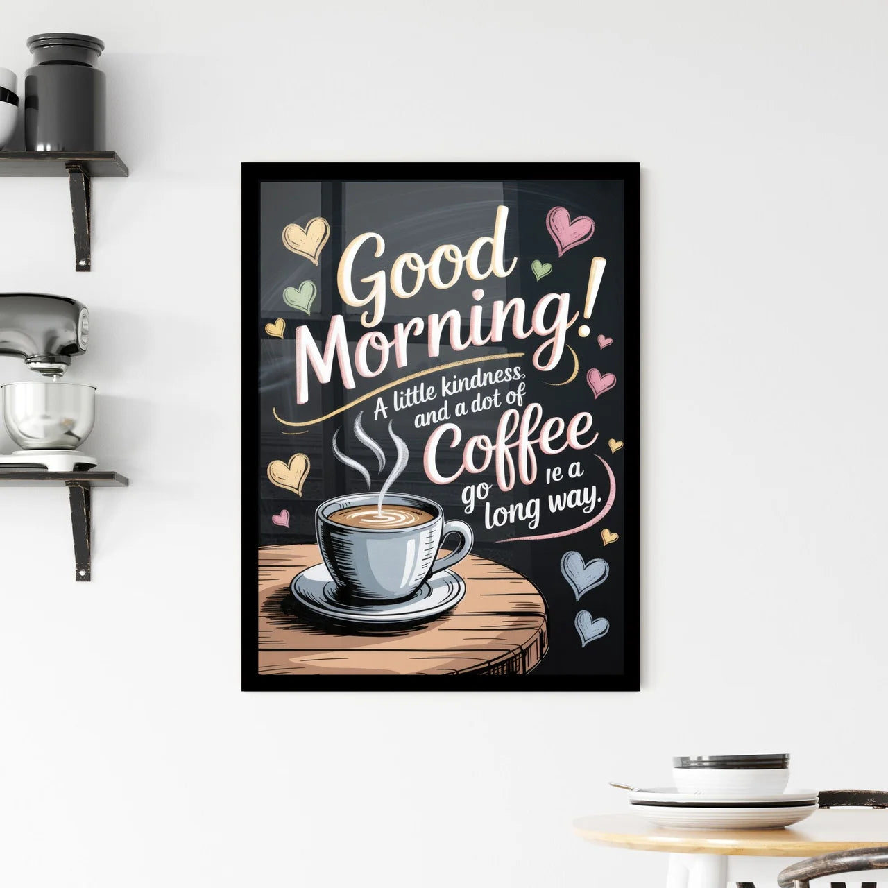 Good Morning! A Cheerful Start with Coffee and Kindness on a Rustic Table Background. Framed Print