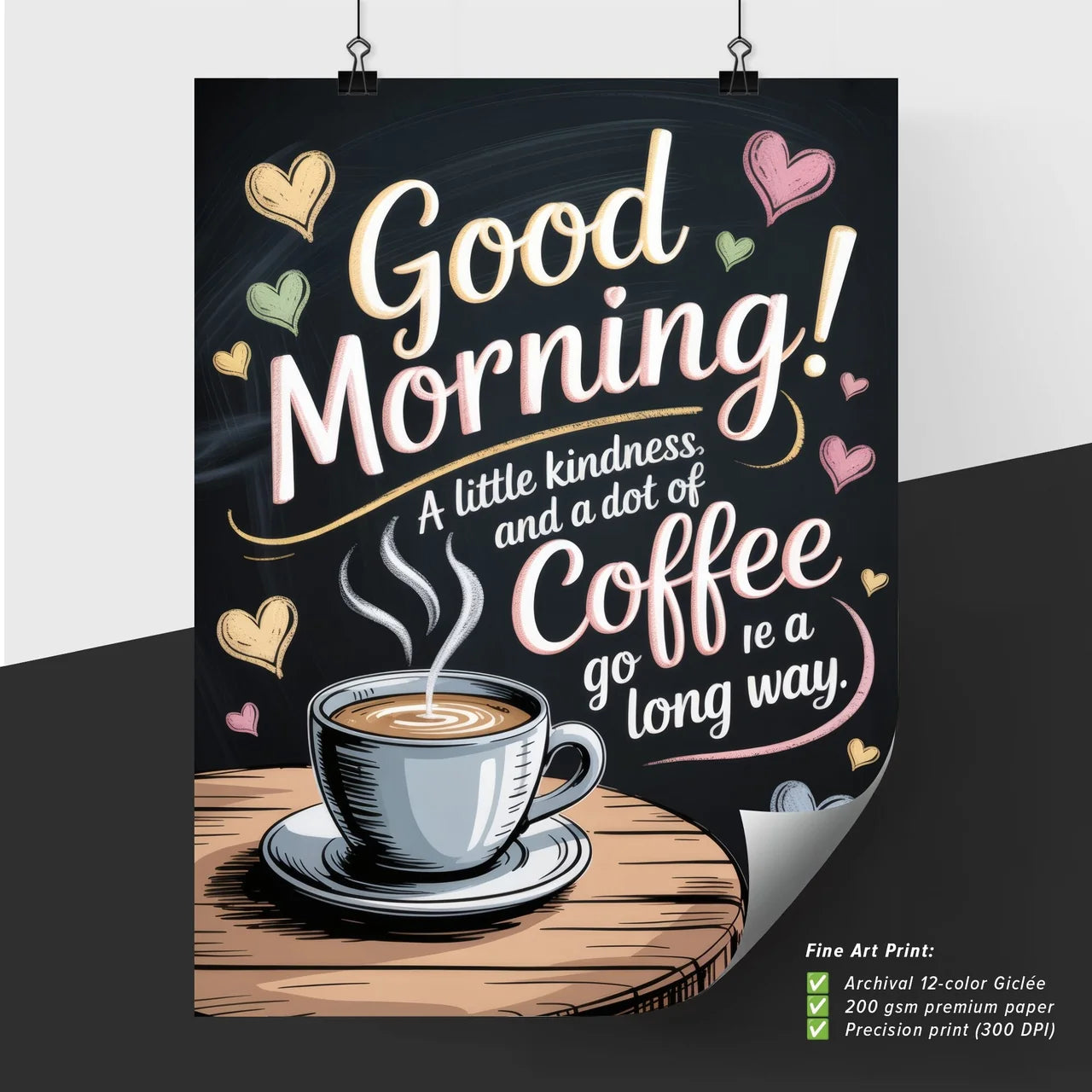 Good Morning! A Cheerful Start with Coffee and Kindness on a Rustic Table Background.