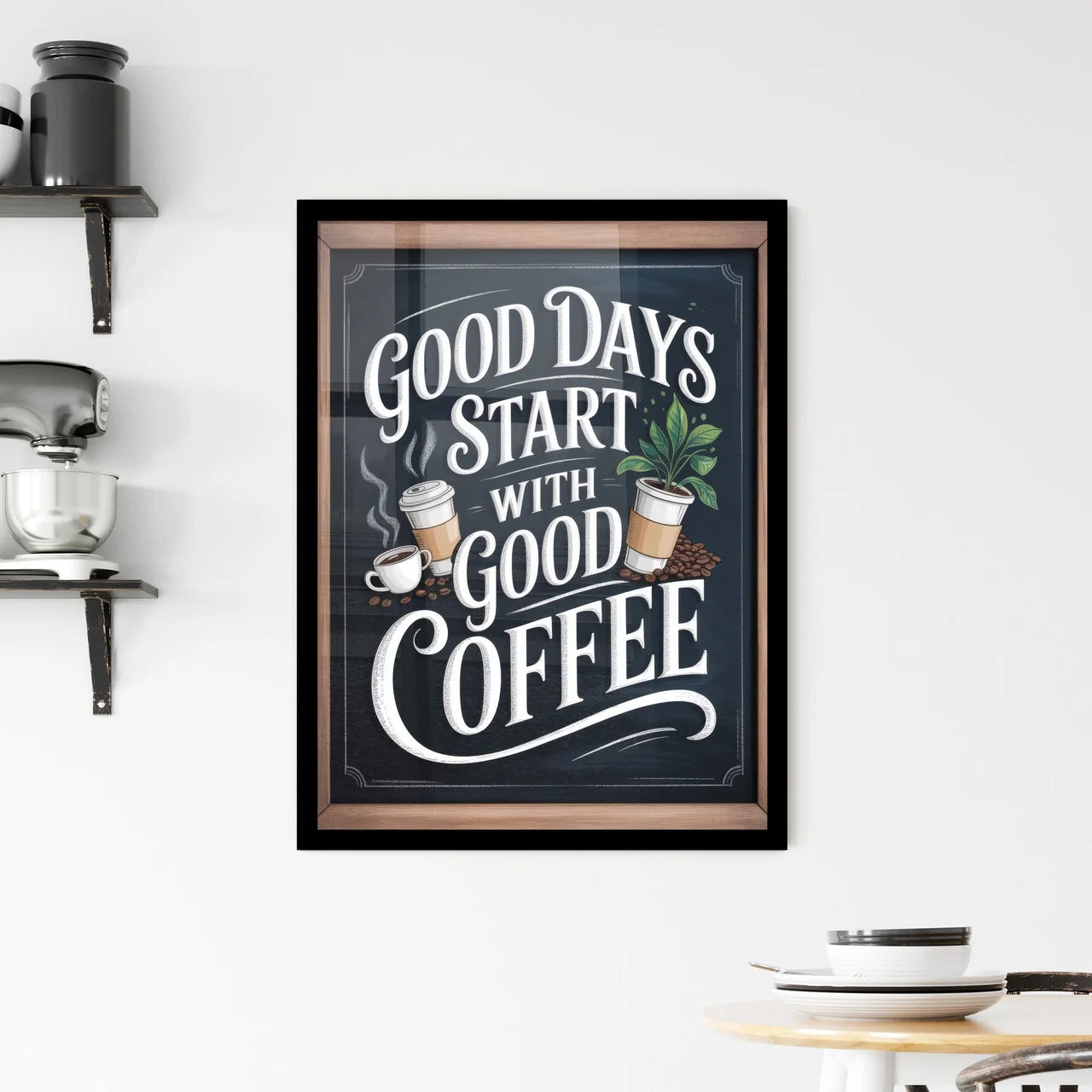 Hand-painted Coffee Motivational Sign Featuring Chic Design with Cups and Coffee Beans for Cafe Decor. Framed Print