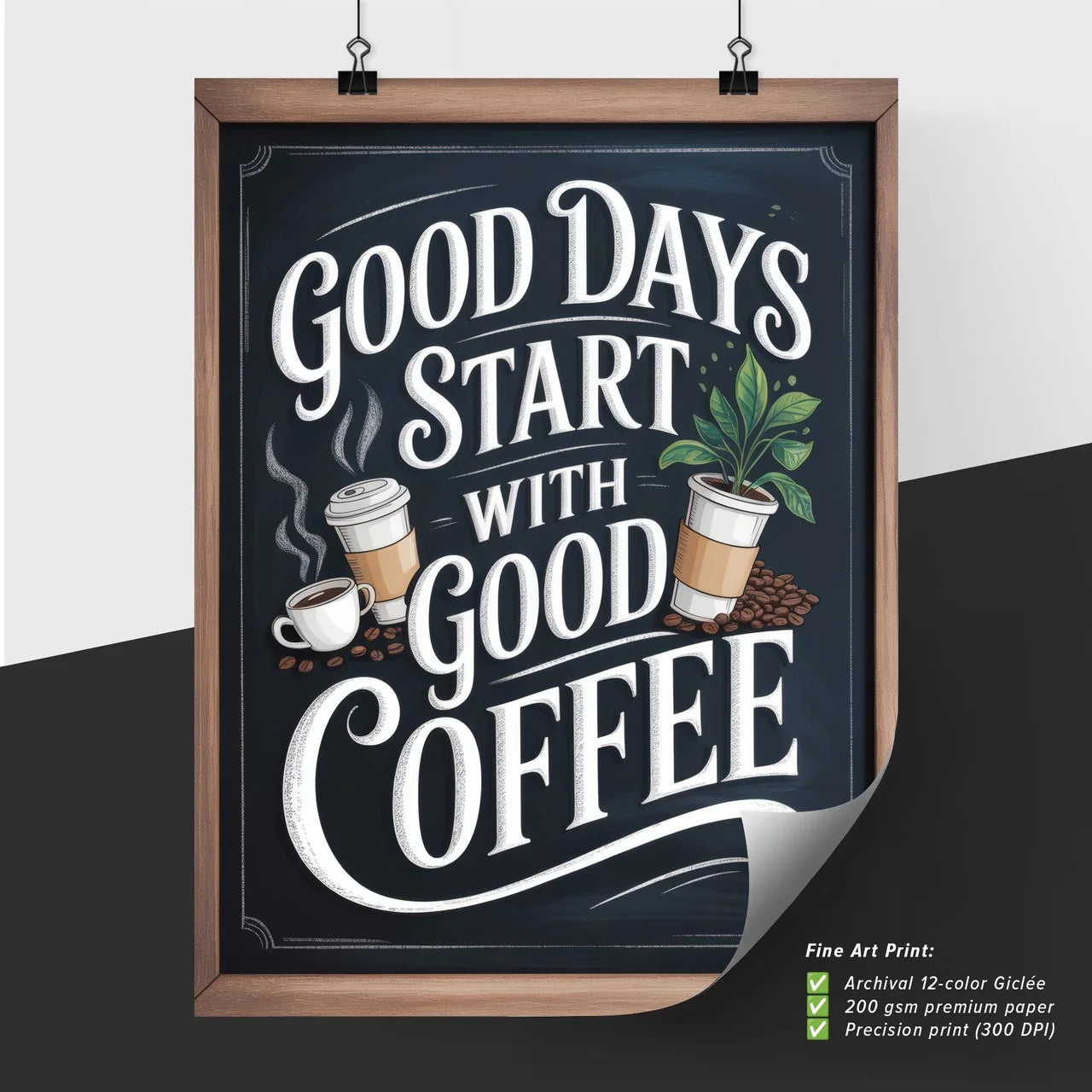 Hand-painted Coffee Motivational Sign Featuring Chic Design with Cups and Coffee Beans for Cafe Decor.