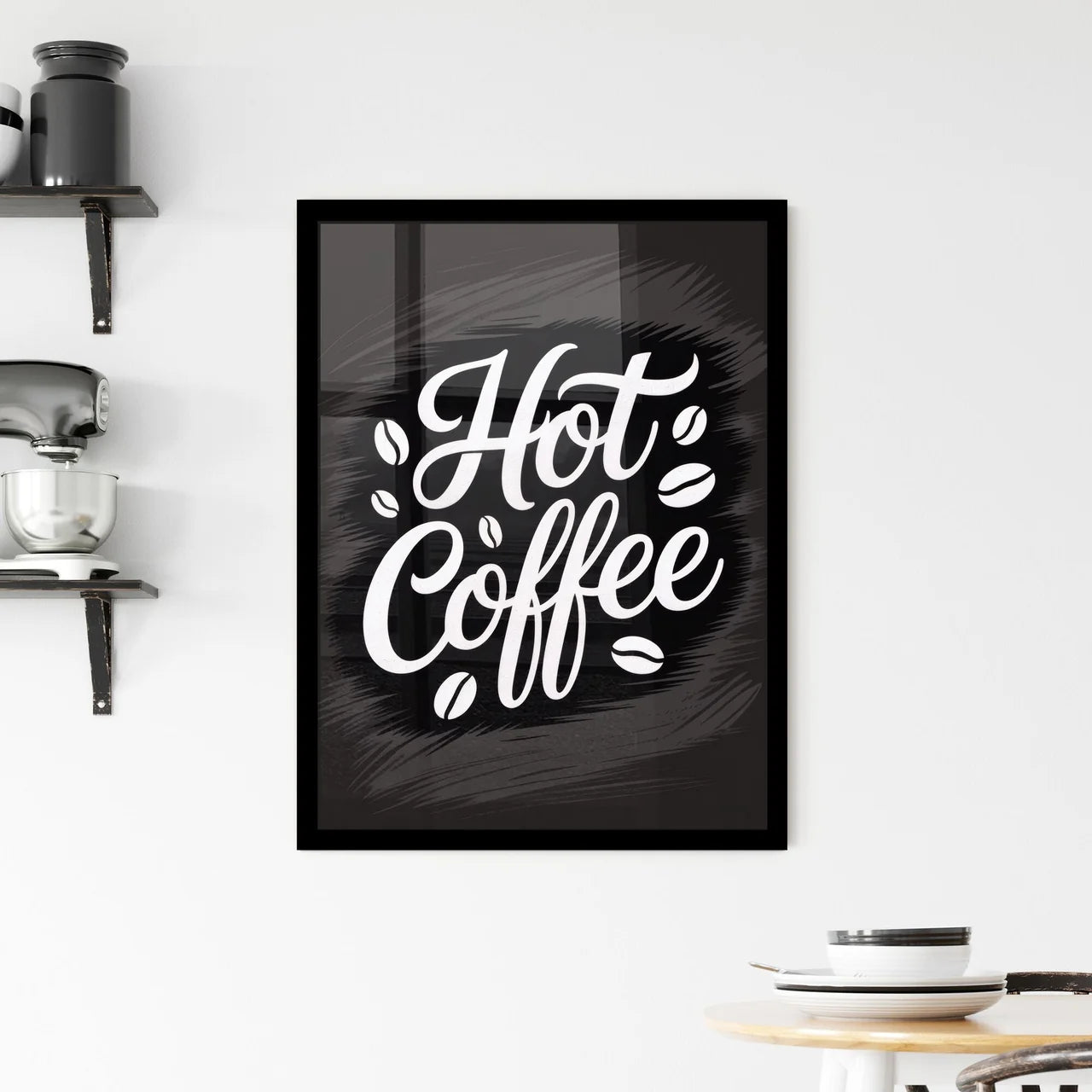 Hot Coffee Typography with Coffee Beans on Dark Background for Café and Beverage Promotions. Framed Print