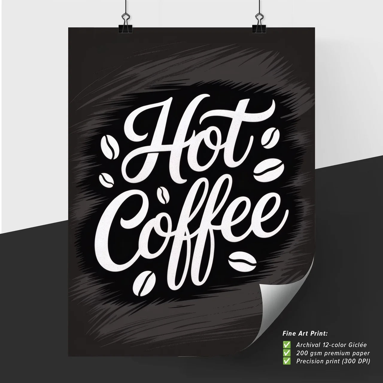 Hot Coffee Typography with Coffee Beans on Dark Background for Café and Beverage Promotions.