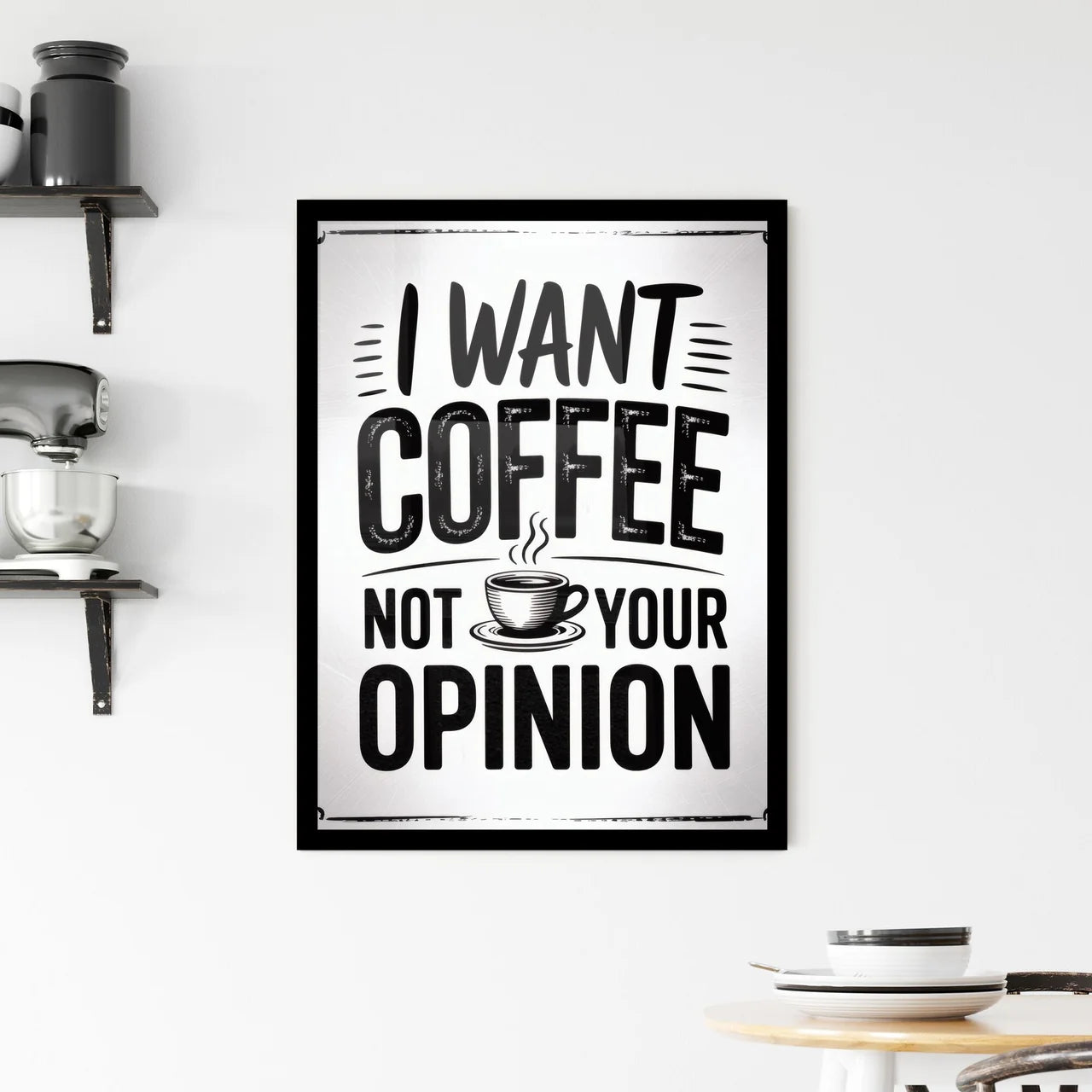 Humorous Coffee Quote: Prioritizing Coffee Over Opinions in a Charming Design Framed Print