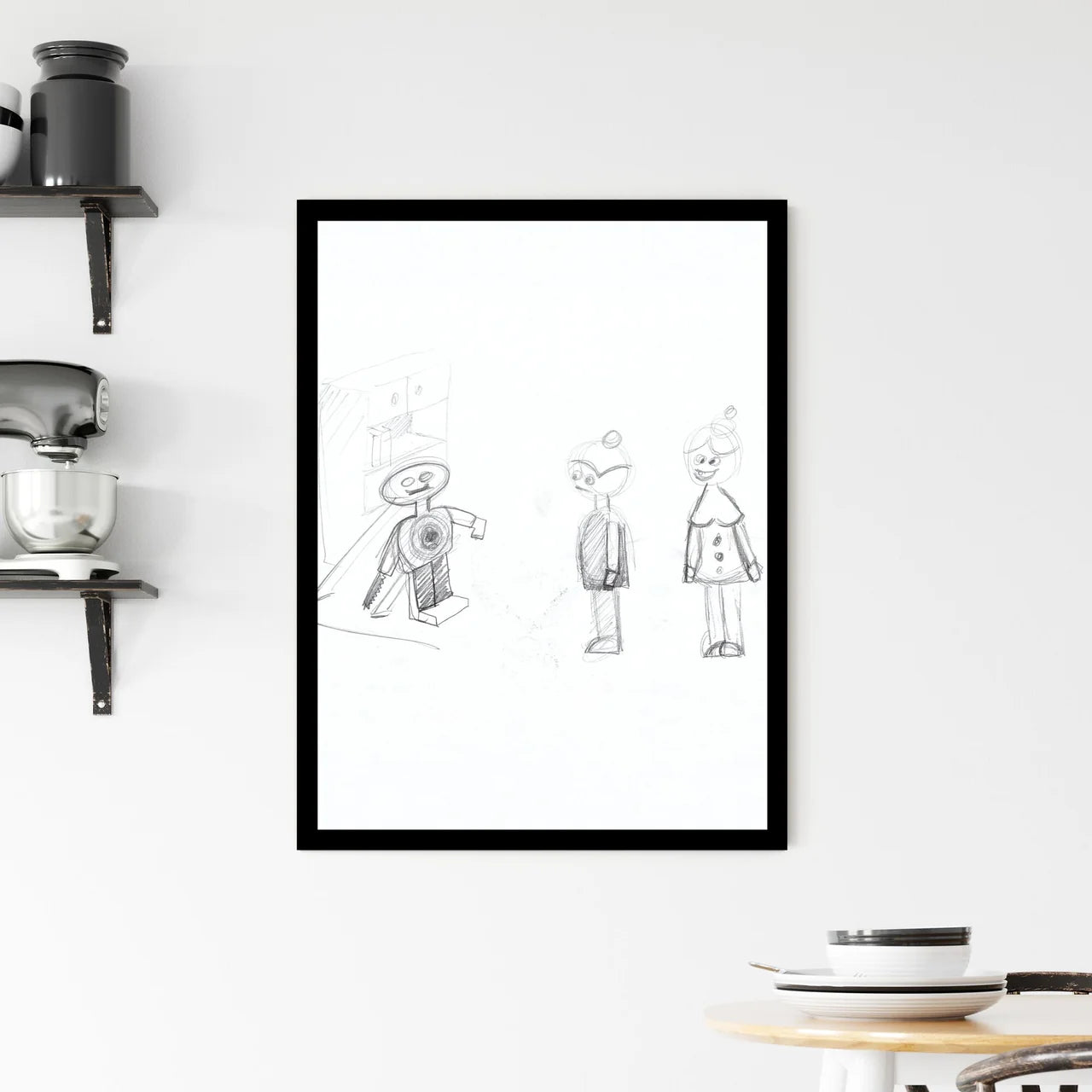 Interplay of Innocence and Mechanical Dreams in a Sketchy Realm Framed Print