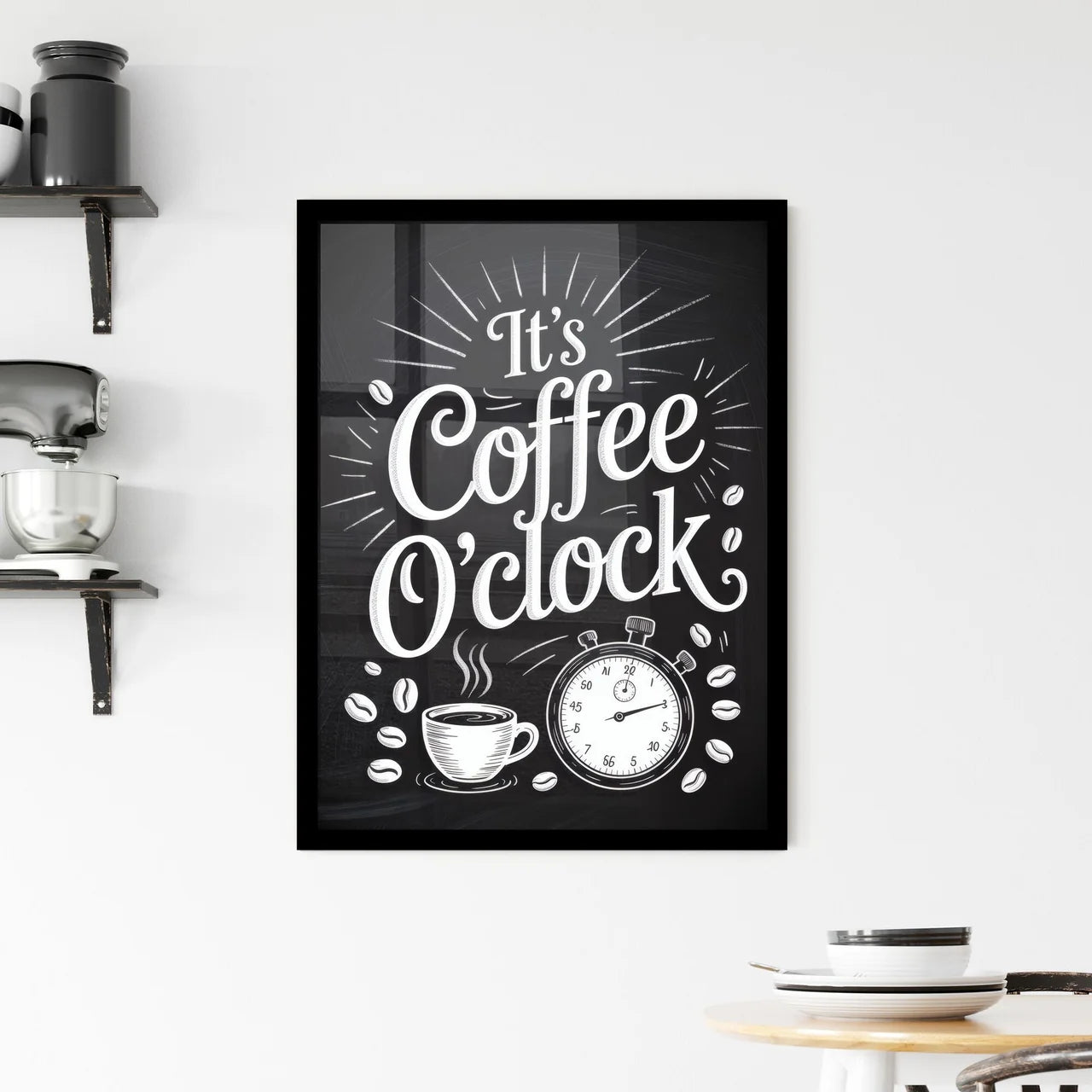 It's Coffee O'clock: A Whimsical illustration celebrating coffee moments with charming typography and playful imagery. Framed Print