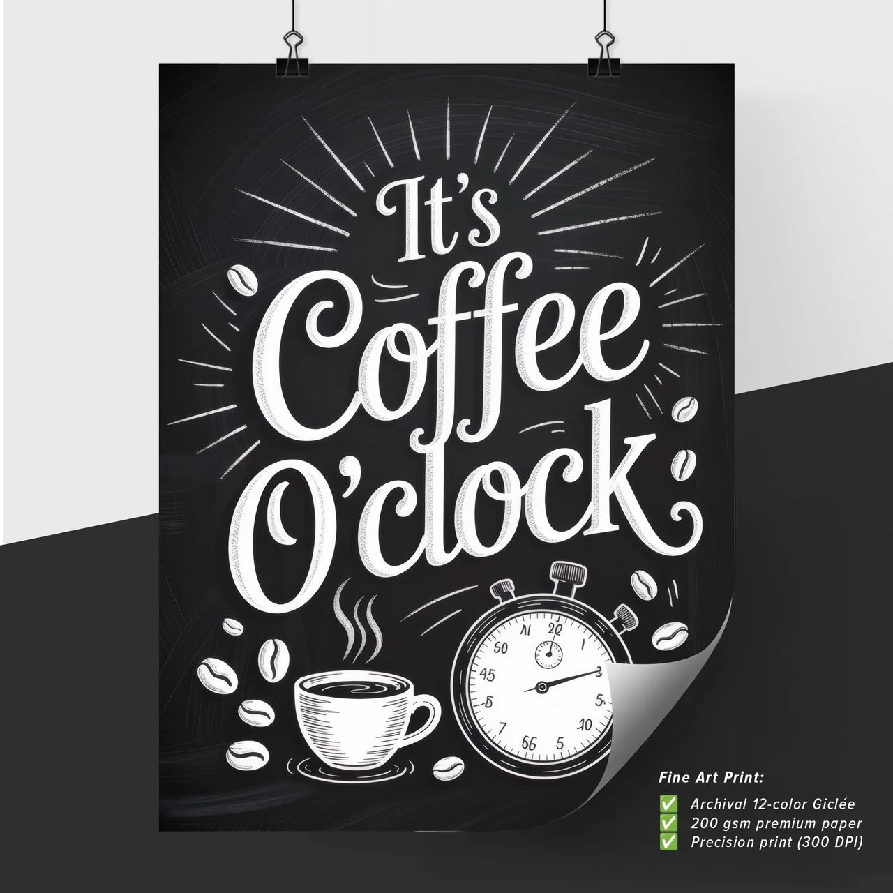 It's Coffee O'clock: A Whimsical illustration celebrating coffee moments with charming typography and playful imagery.