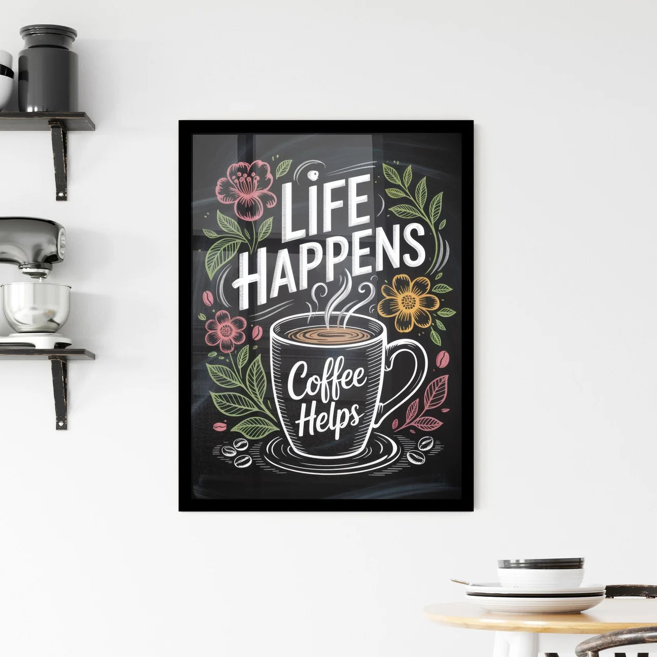 Life Happens, Coffee Helps: A Charming Illustration Celebrating the Comfort and Joy of Coffee. Framed Print
