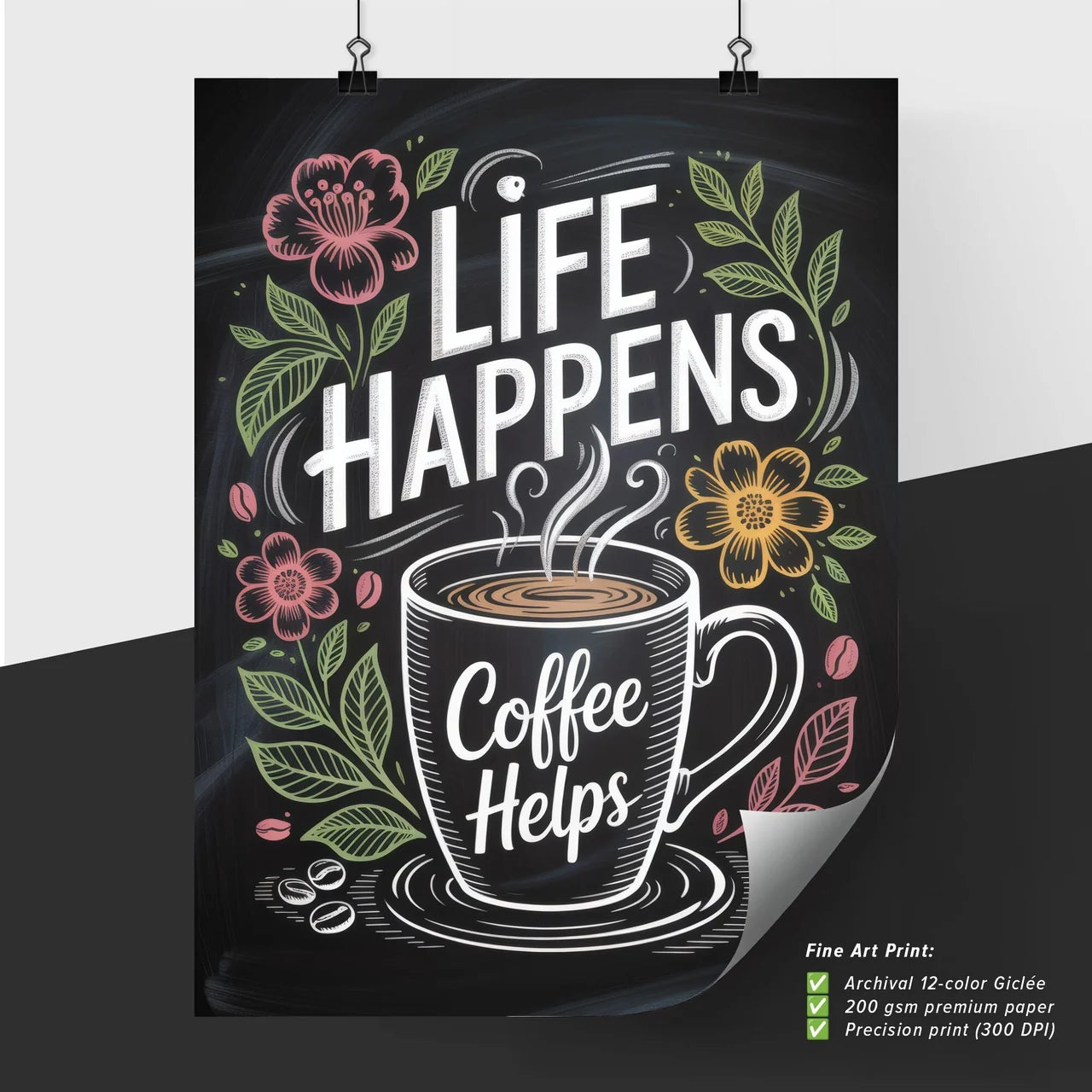 Life Happens, Coffee Helps: A Charming Illustration Celebrating the Comfort and Joy of Coffee.