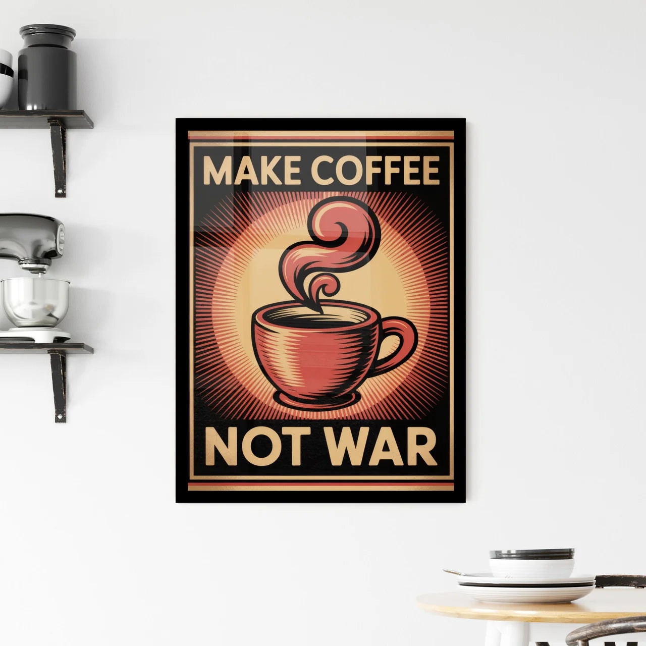 Make Coffee Not War: A Bold and Creative Coffee-Themed Motivational Poster Design. Framed Print